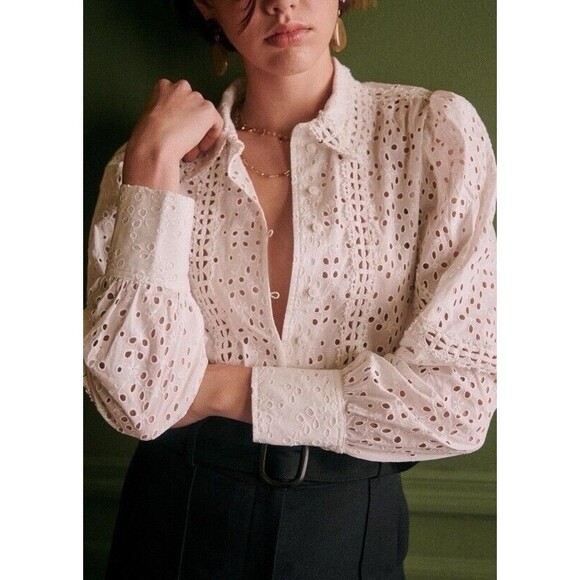 SEZANE Cara Shirt Cream Women’s Size 36 US 4 Eyelet Floral Puff Sleeve Button Up - Picture 2 of 15